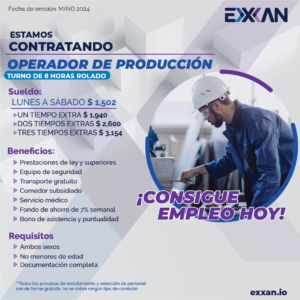 PUBLIUCACION DE VACANTE DE OPERADOR DE PRODUCCÓN CON IMAGEN DE PERSONA TRABAJANDO EN LINEA DE PRODUCCIÓN