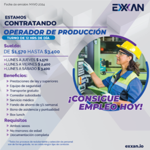 PUBLIUCACION DE VACANTE DE OPERADOR DE PRODUCCÓN CON IMAGEN DE PERSONA TRABAJANDO EN maquinaria industrial